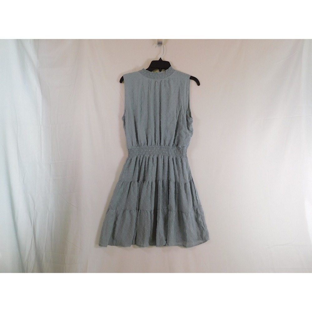 Sweet Wanderer Sleeveless Swiss Dot Mock Neck Tiered Smocked Waist Dress Blue